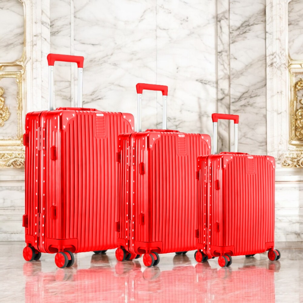 3 Piece Set 20" 24" 28 Inches Red Colour Aluminium Framed ABS Hard Shell Without Zipper TSA Luggage Zaappy.com