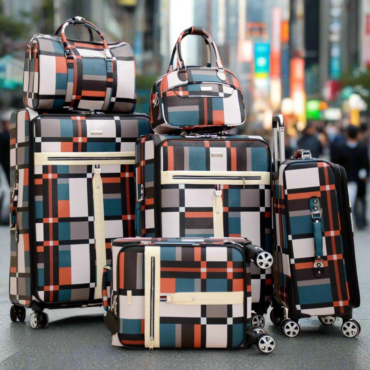 6 Piece Set 20" 24" 28" 32 Inches PU Leather Check Lightweight Spinner Wheel Luggage Bag