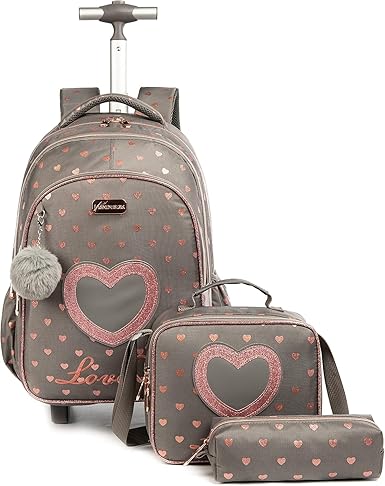 Printed Lightweight Love me Kids Rolling Backpack with School Pouch Combo Set