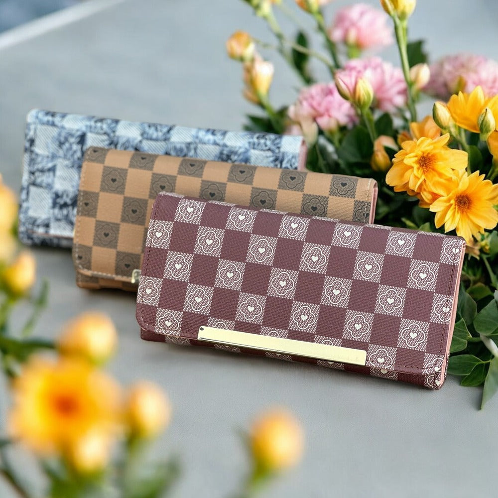 Fashion Textured Classic Women Wallet | Check Design Long Wallet