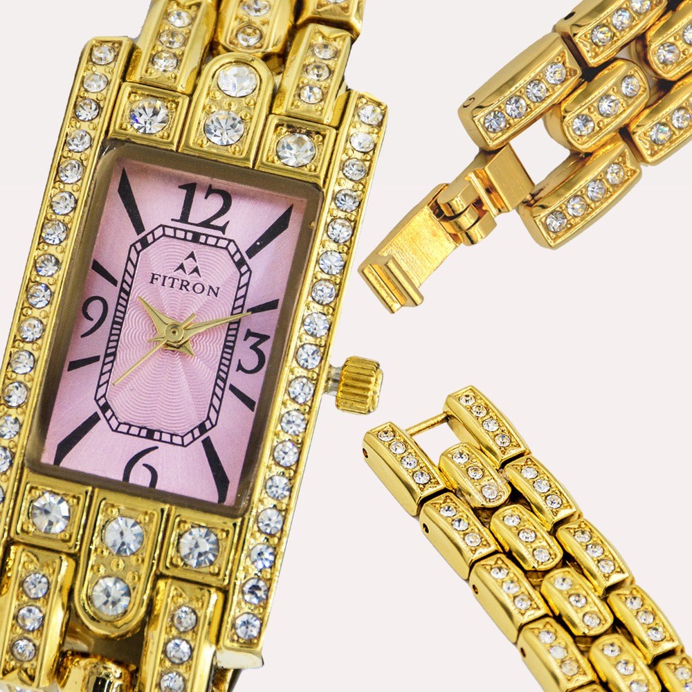 Close-up of a trendy Fitron multicolor dial watch collection for women, featuring a pink dial on a silver band, a green dial on a gold band, and a white dial with a two-tone band - perfect for adding a pop of color and personality to any outfit.