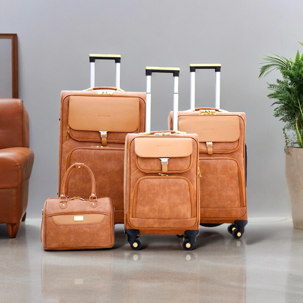 Leather Brown PU Material Luggage with Smooth Spinner Wheels | 7, 20, 24, 28 Inches