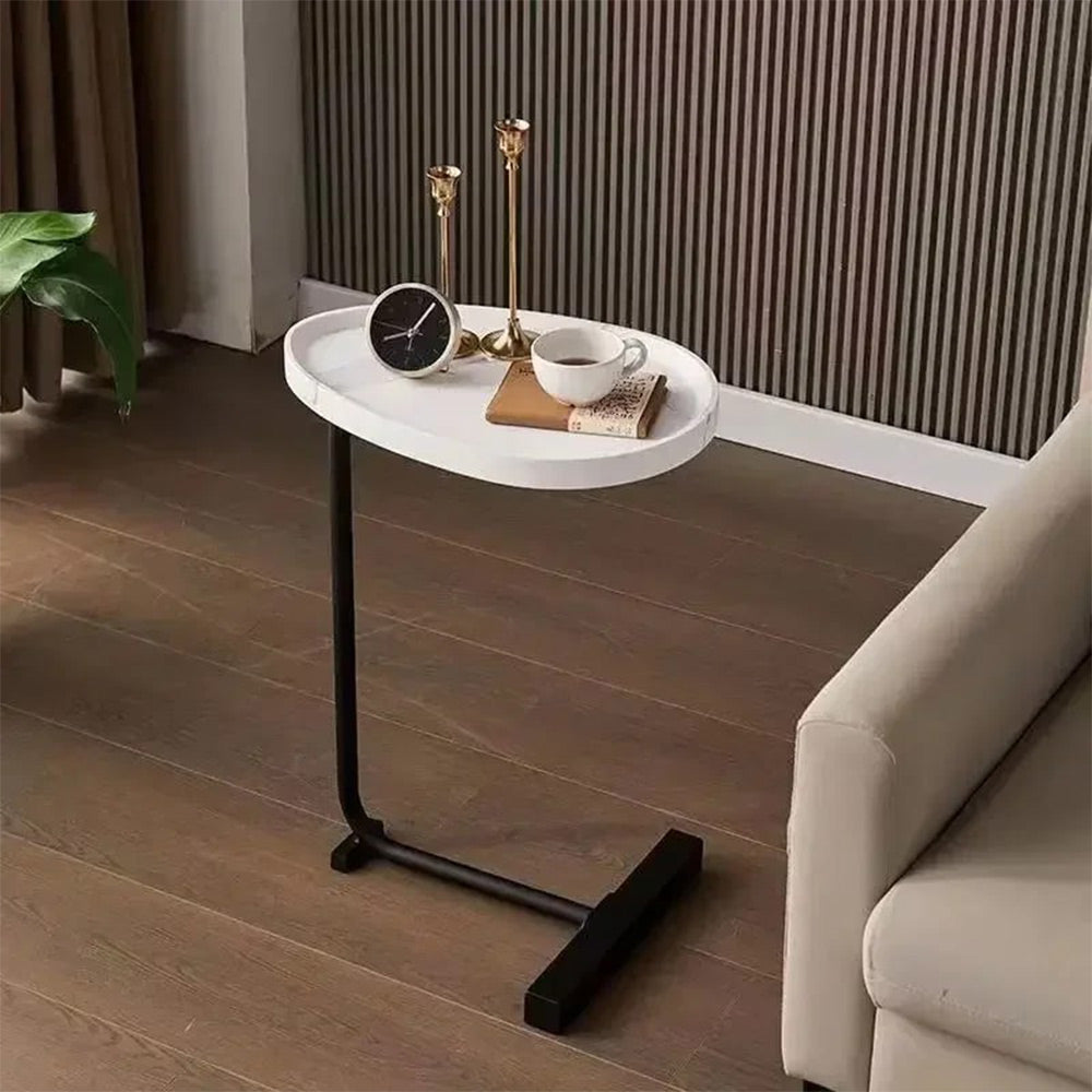 Modern C-Shaped Sofa Tray Table for Living Room and Bedroom with Wood Finish and Bold Metal Frame