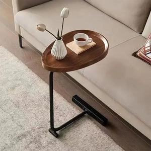 Modern C-Shaped Sofa Tray Table for Living Room and Bedroom with Wood Finish and Bold Metal Frame