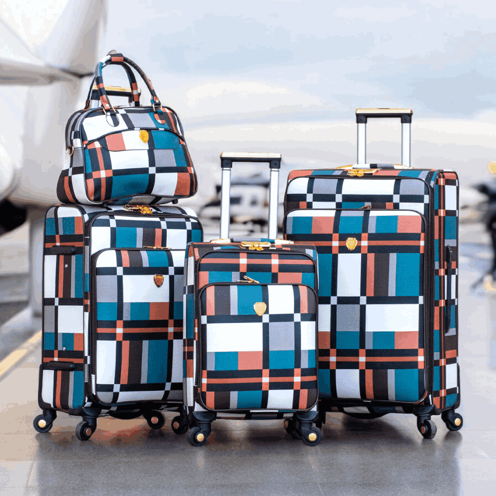 Check Design Lightweight PU Luggage with Spinner Wheel | 4 Piece Set 7" 20" 24" 28 Inches