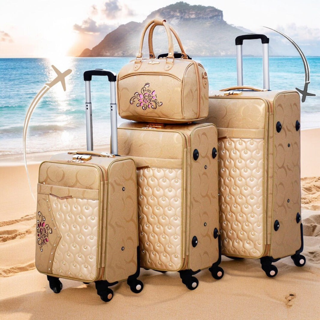 Glittering Gold with Stone ASD PU Leather Luggage | 4 Pcs Set 7" 20" 24" 28 Inches