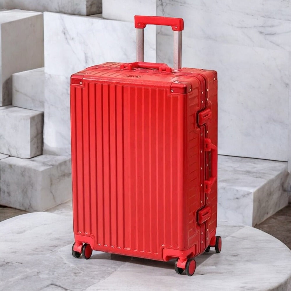 28" Red Colour Aluminium Framed Hard Shell Without Zipper Spinner Wheel TSA Luggage