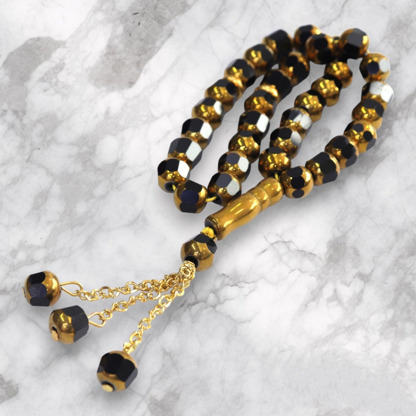 Small and Shiny Black With Gold Prayer Tasbeeh 33 Beads