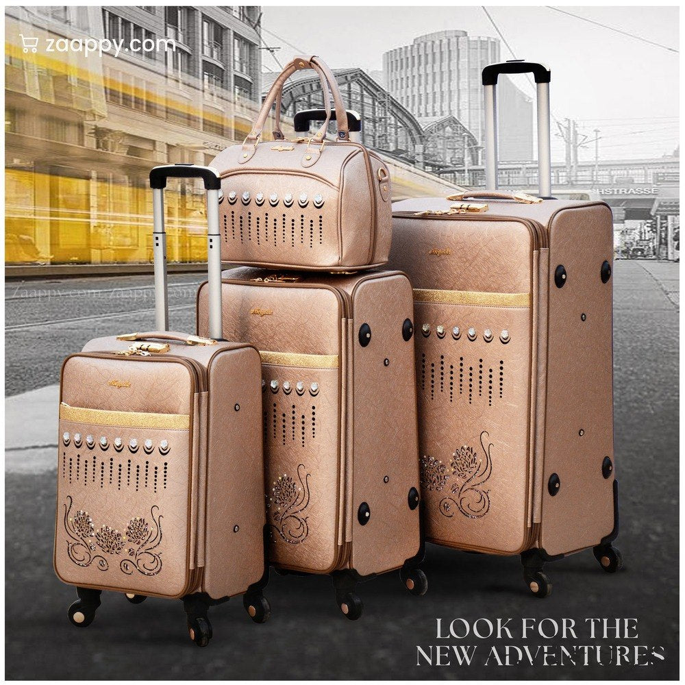 ASD PU Leather Line-Stone Rose Gold Luggage Bag | 4 Pcs Set 7, 20, 24 and 28 Inches