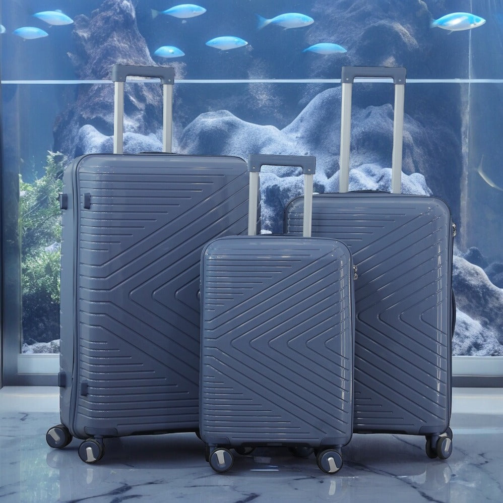 3 Piece Full Set 20" 24" 28 Inches Blue Colour Crossline PP Unbreakable Luggage Bag with Double Spinner Wheel Zaappy