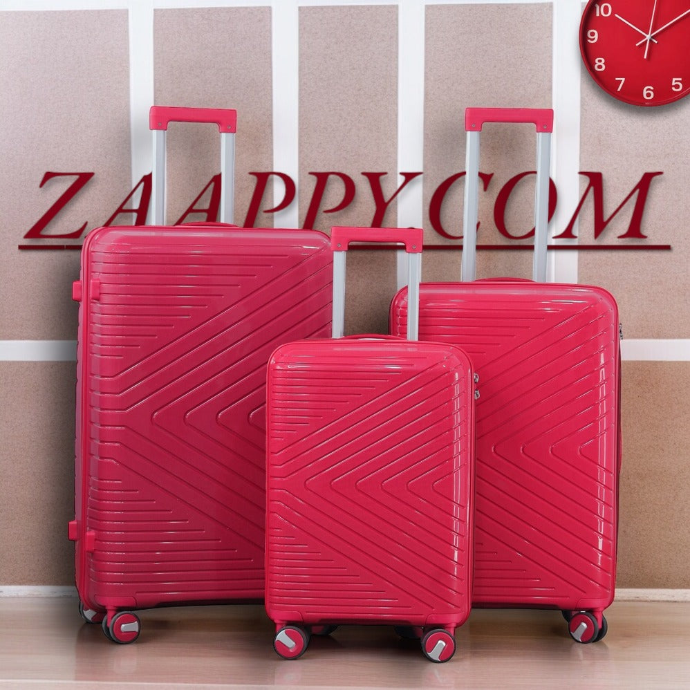 3 Piece Full Set 20" 24" 28 Inches Red Colour Crossline PP Unbreakable Luggage Bag with Double Spinner Wheel Zaappy